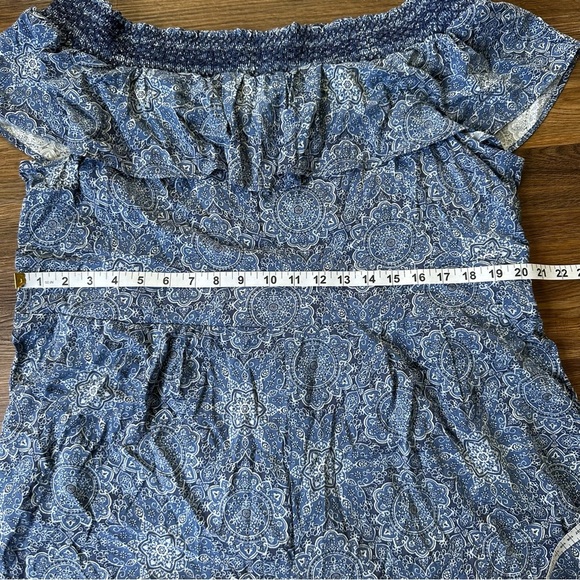 Torrid Challis Off The Shoulder Romper Size 2 2X 18-20 Blue Medallion Stretch - Picture 10 of 11